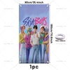 A vertical banner featuring five male anime characters with pink and blue hair posing in front of the text SAJA BOYS