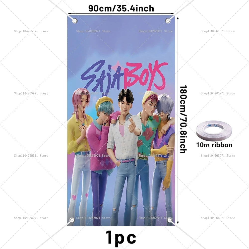 A vertical banner featuring five male anime characters with pink and blue hair posing in front of the text SAJA BOYS