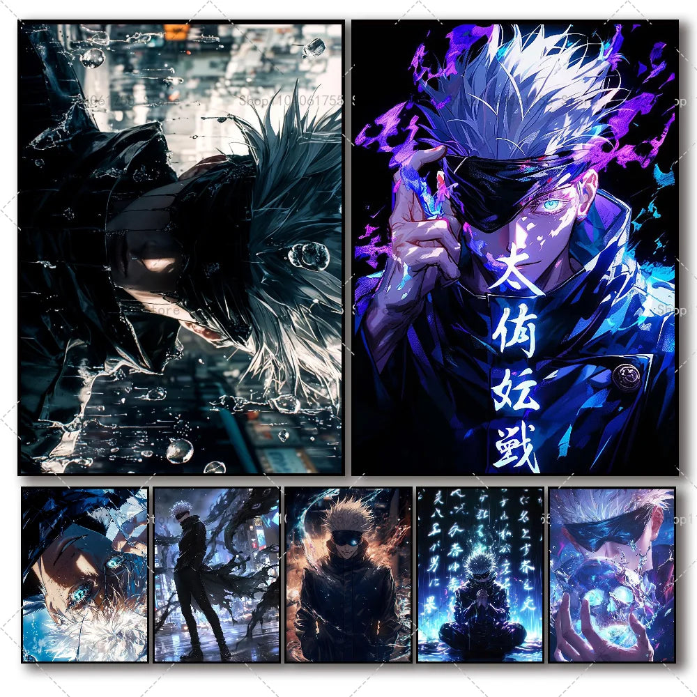 A collage of various Gojo Satoru anime posters featuring the character in different poses and styles.