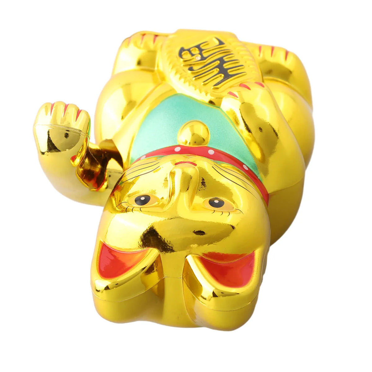A golden animated electric fortune cat decor figurine with a green and red design.