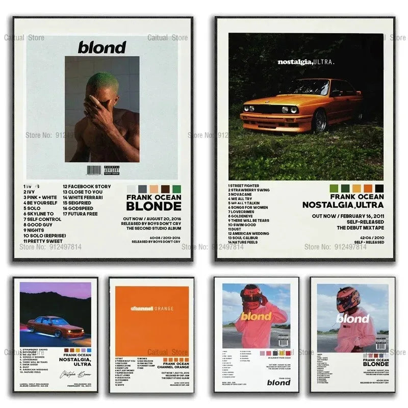 A collection of four framed posters featuring the band Blond alongside album art and photography.