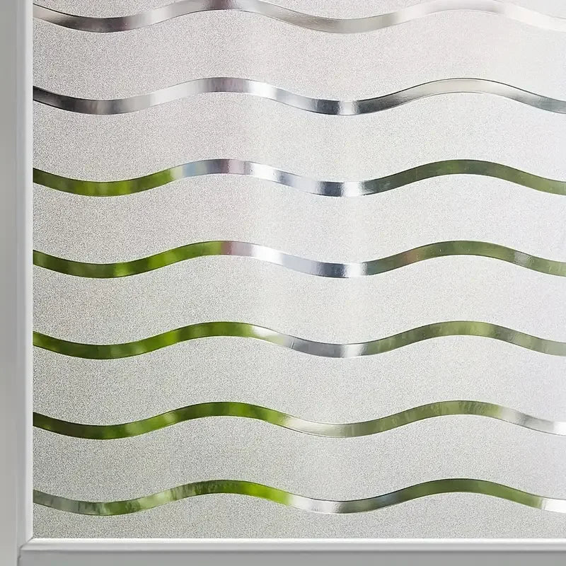 Frosted electrostatic window film featuring wavy horizontal lines of varying opacity for privacy