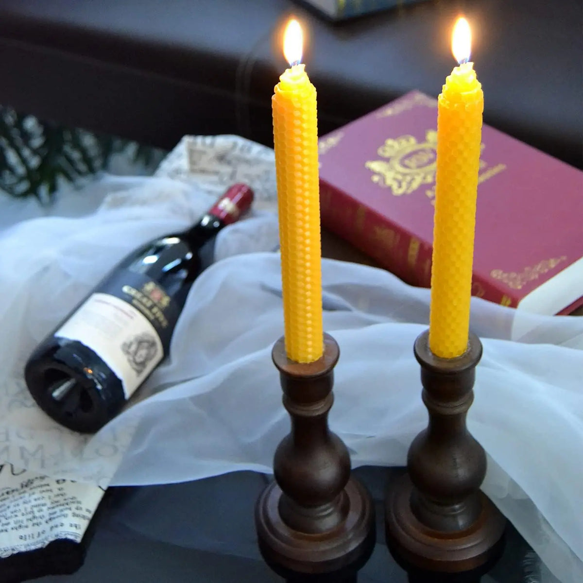 Hand-Rolled Beeswax Taper Candles with Honeycomb Design