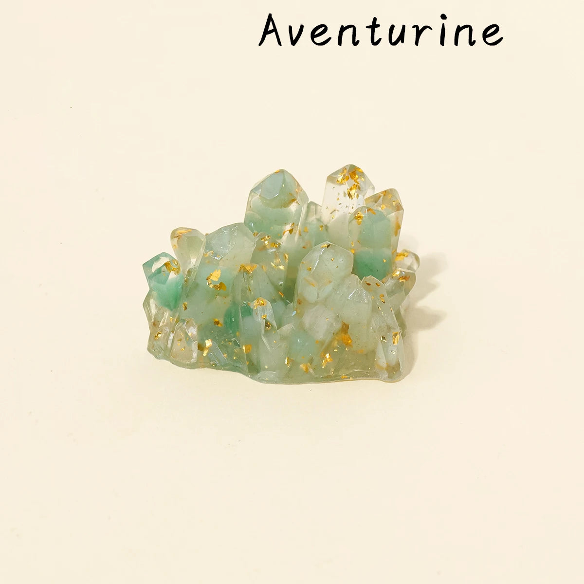 A cluster of light green aventurine crystals with gold inclusions.