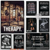 Collection d'impressions d'art sur le thème du fitness avec des textes comme Therapy, No Pain et Let's Go.