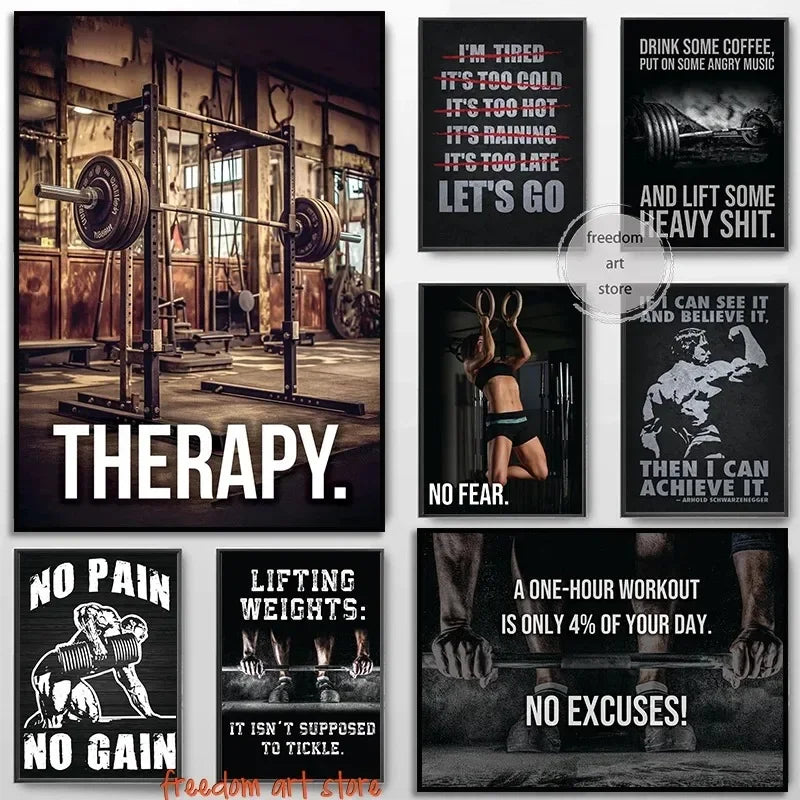 Collection d'impressions d'art sur le thème du fitness avec des textes comme Therapy, No Pain et Let's Go.