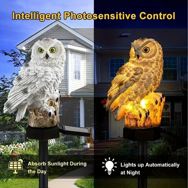 A pair of photosensitive owl garden lights illuminating an owl statue during the day and at night.