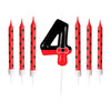 A set of four birthday candles shaped like the number 4 featuring a red and black mouse design.
