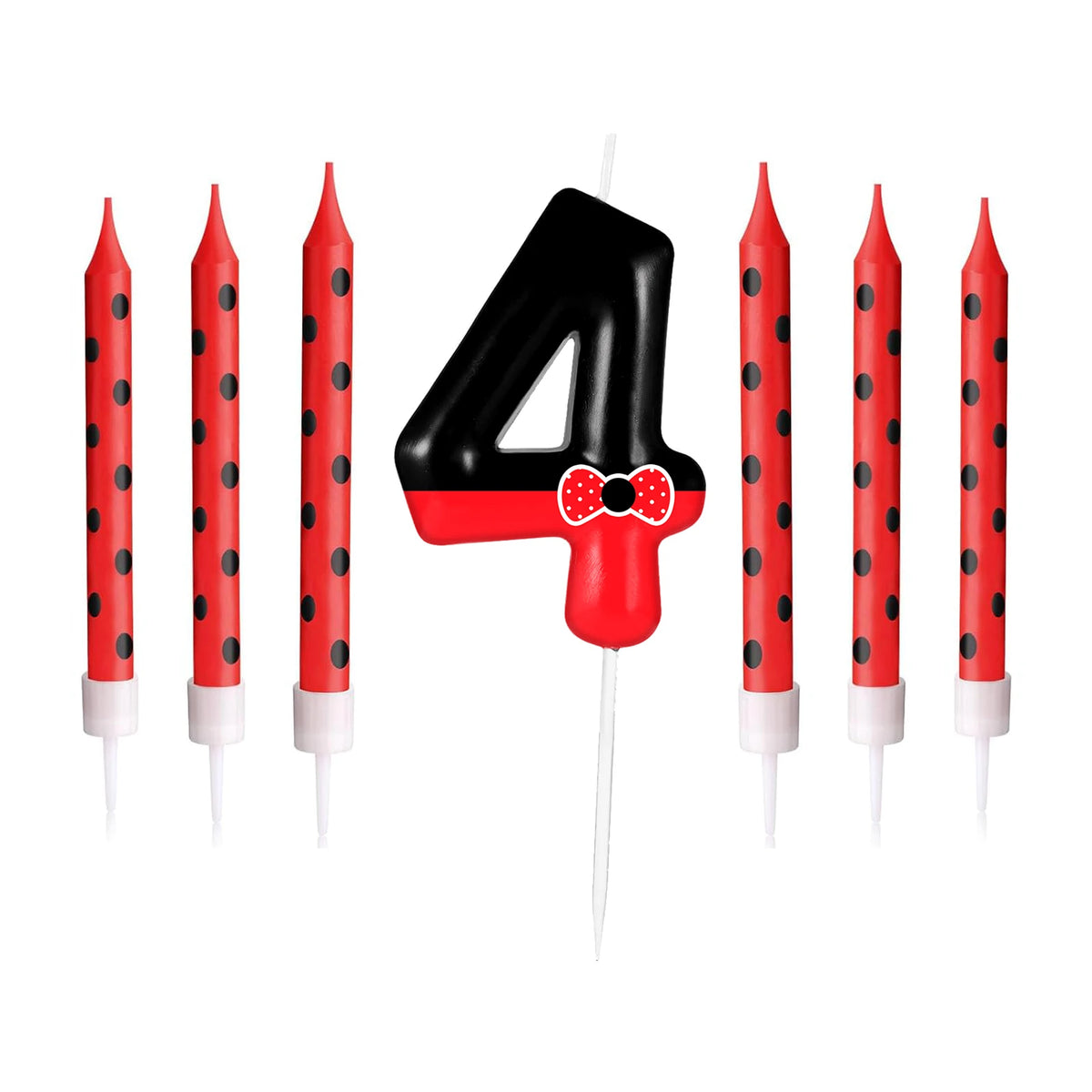 A set of four birthday candles shaped like the number 4 featuring a red and black mouse design.
