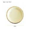 A round, light beige disposable plate with a gold rim is shown, measuring 10cm in diameter.