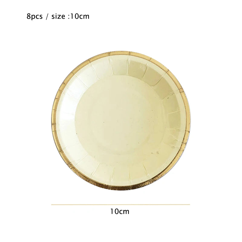 A round, light beige disposable plate with a gold rim is shown, measuring 10cm in diameter.
