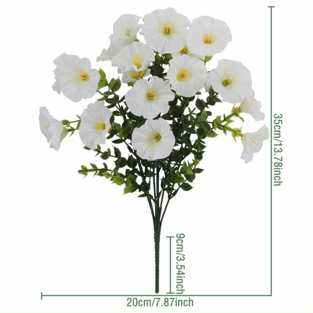 Artificial pansy flower bouquet with white flowers and green eucalyptus stems
