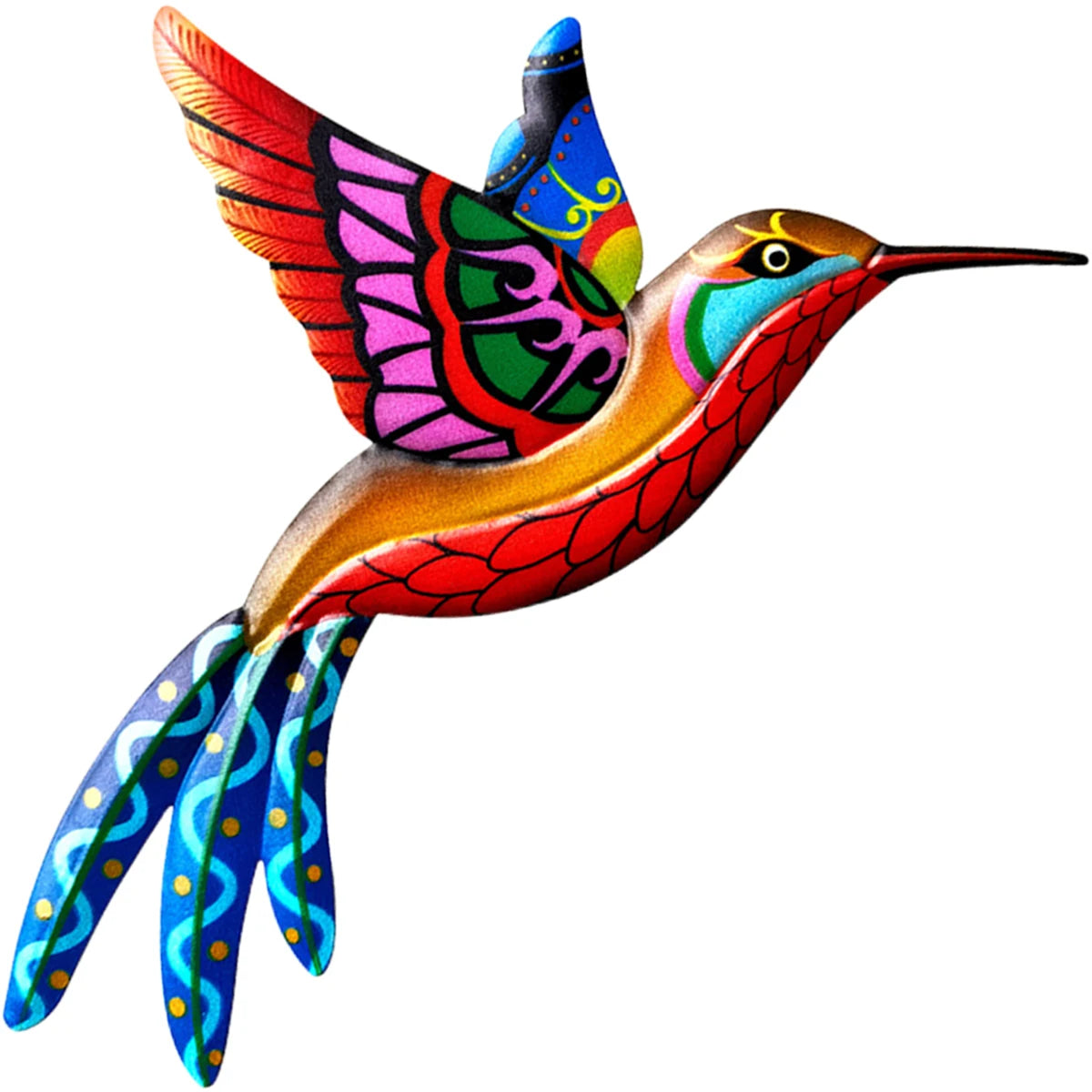 Vibrant metal hummingbird wall art featuring iridescent feathers in red, pink, and blue.