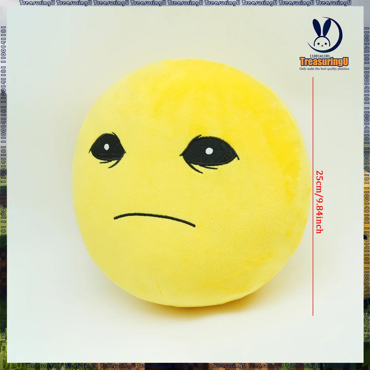 A yellow, round plush doll with a distressed facial expression is shown against a white background.