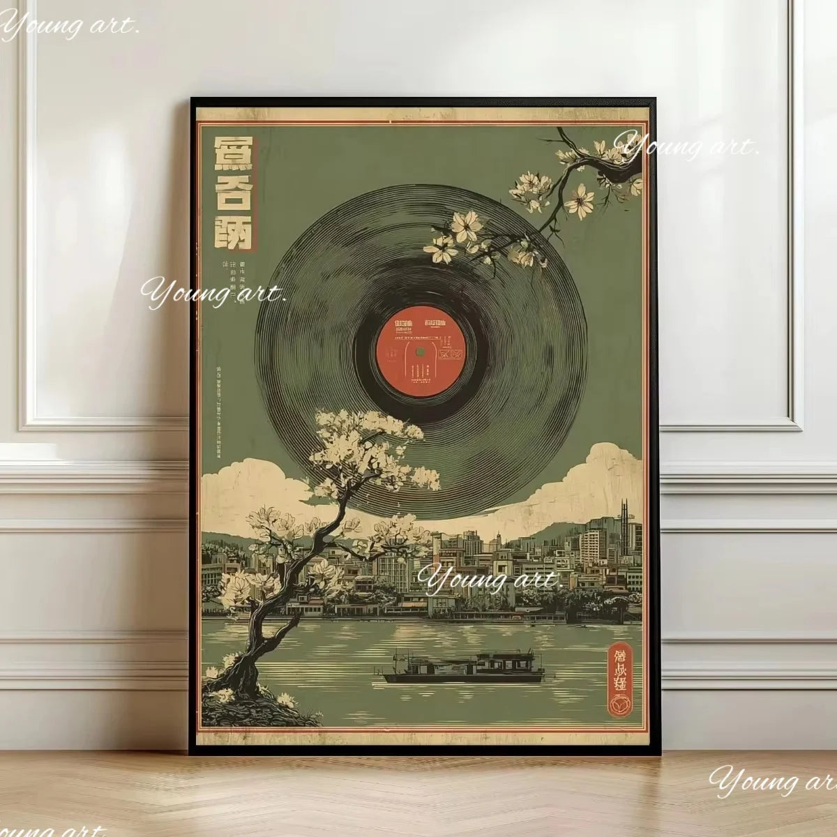 A vertical canvas art print featuring a vintage vinyl record design with Chinese text and a landscape scene below.