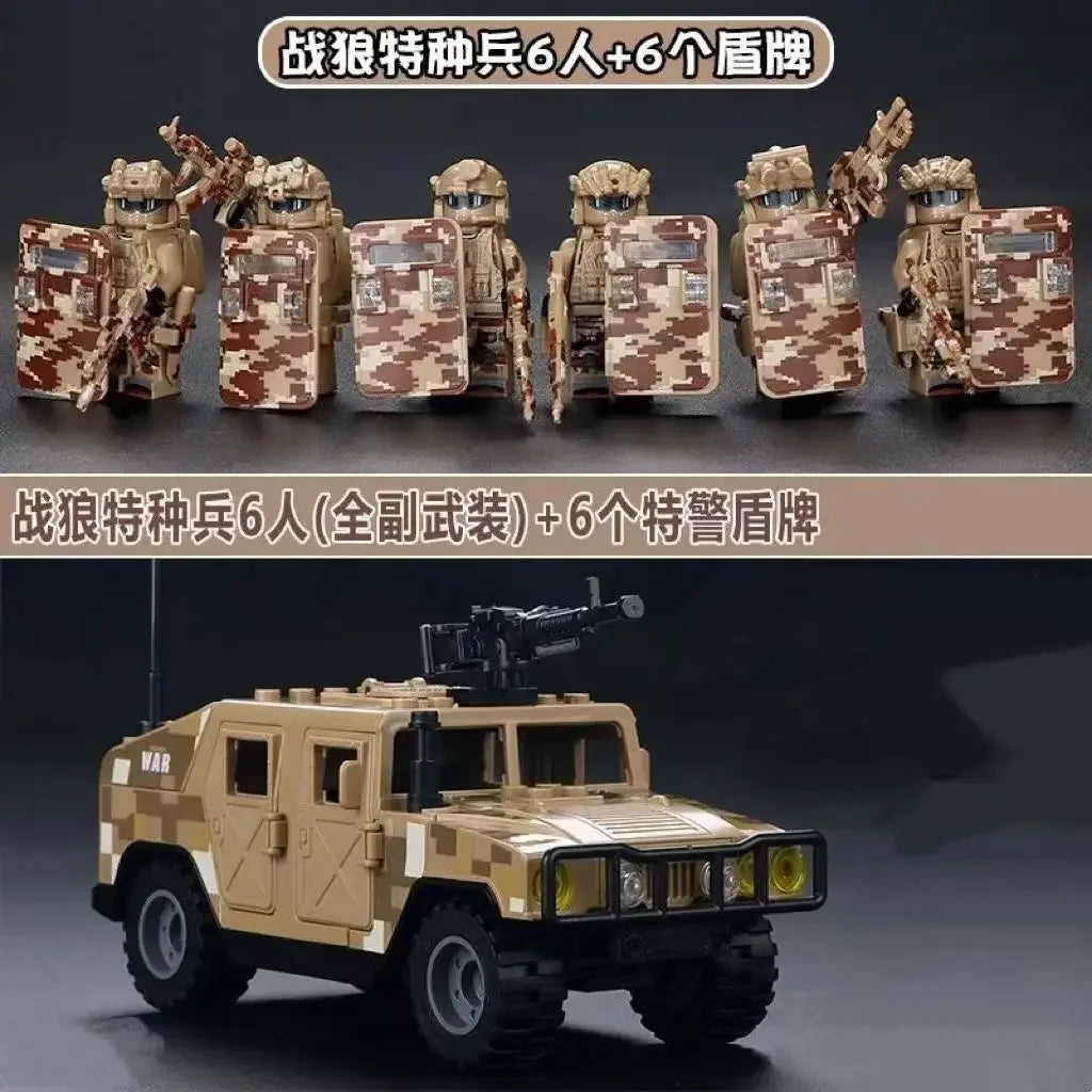 A set of six military off-road jeep figures and six corresponding accessories.