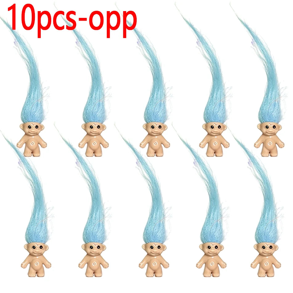 Ten small blue troll doll figures displayed in a row.