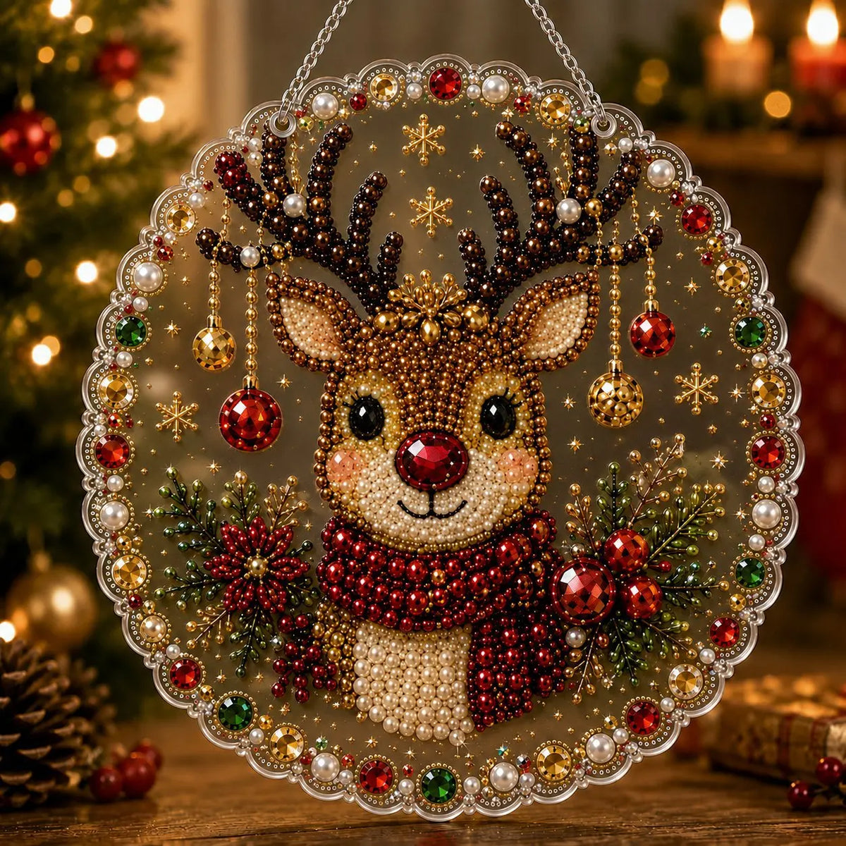 A round clear acrylic ornament featuring a deer head design adorned with red and gold pearls and glitter.