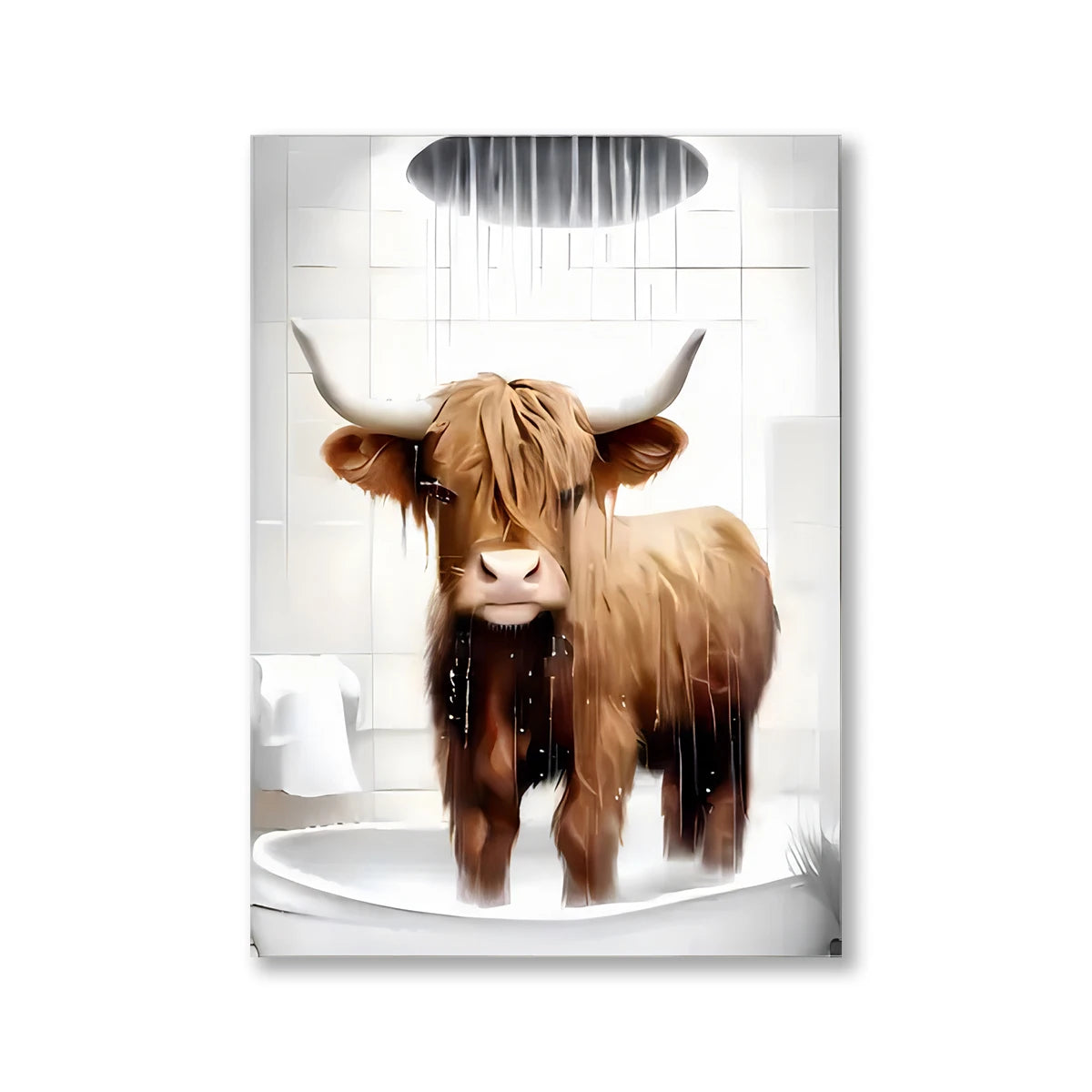A close-up of a brown Highland cow with horns standing in rain against a white tiled background.