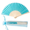 A light blue silk wedding hand fan with a bamboo frame, shown open.