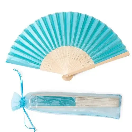A light blue silk wedding hand fan with a bamboo frame, shown open.