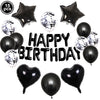 A set of 15 black foil letter balloons and star shaped balloons for a birthday party decoration.