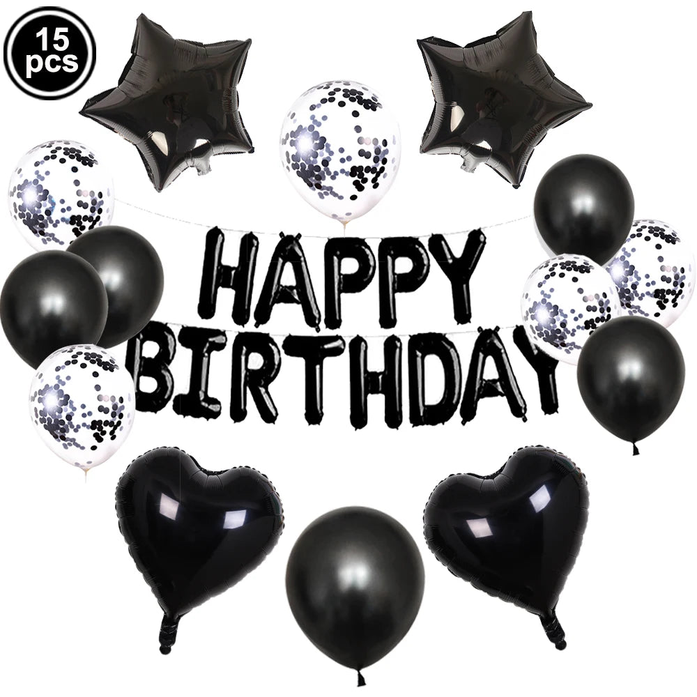 A set of 15 black foil letter balloons and star shaped balloons for a birthday party decoration.
