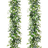 A vertical arrangement of artificial eucalyptus vine garland with white flowers.
