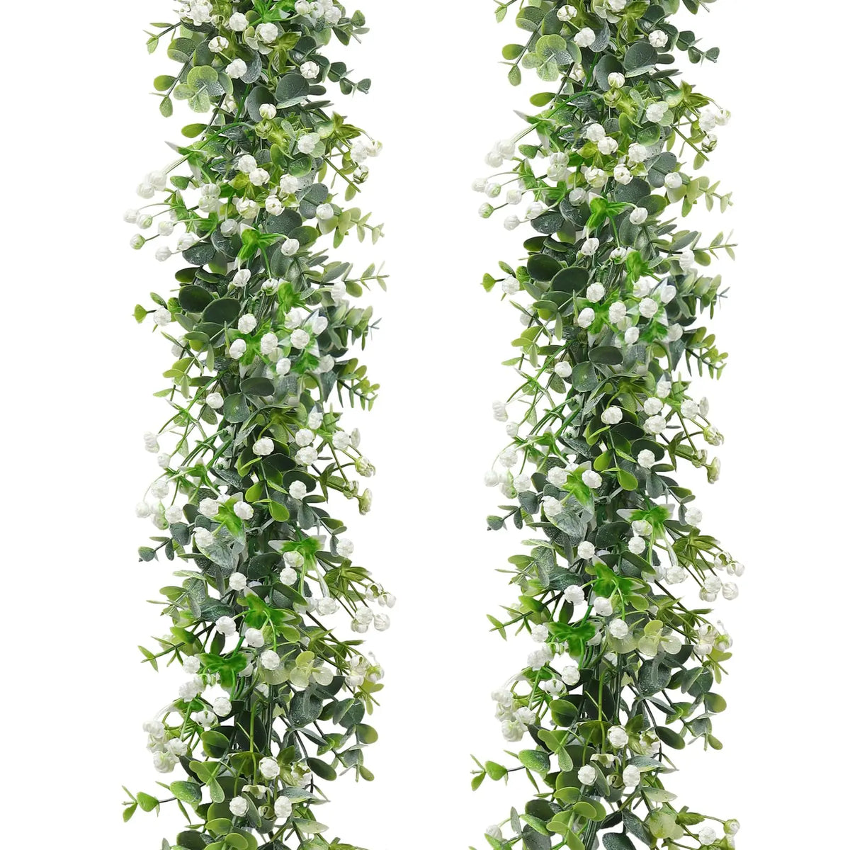 A vertical arrangement of artificial eucalyptus vine garland with white flowers.