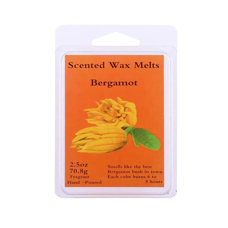 A package of Bergamot scented wax melts, showing a yellow flower and product details.