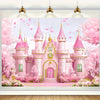 A large photo backdrop featuring a pink princess castle surrounded by pink cherry blossoms and lush greenery.