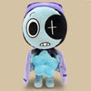A plush doll resembling a stylized, pale blue alien with purple accents and a dark face mark.