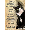 A vintage-style sign featuring a watercolor illustration of a black and white tuxedo cat with text about being a friend and p