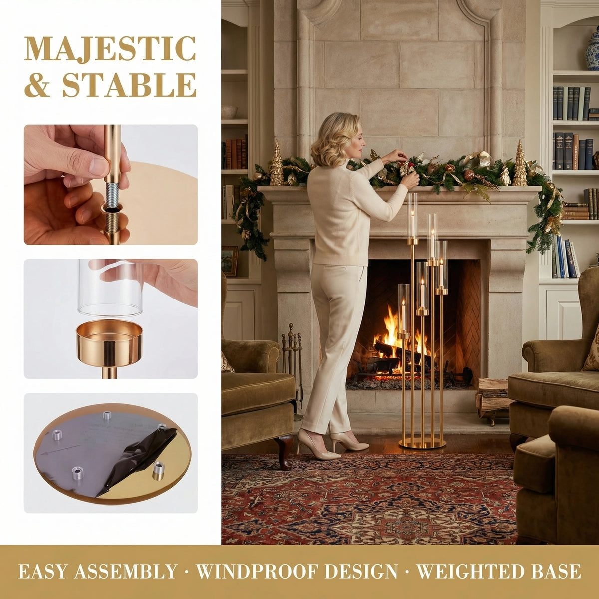 A woman decorates a fireplace mantel with a gold LED candle holder, showcasing majestic and stable elegance.