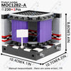 A LEGO building block model of a character head, purple and black, displayed with manual measurements.