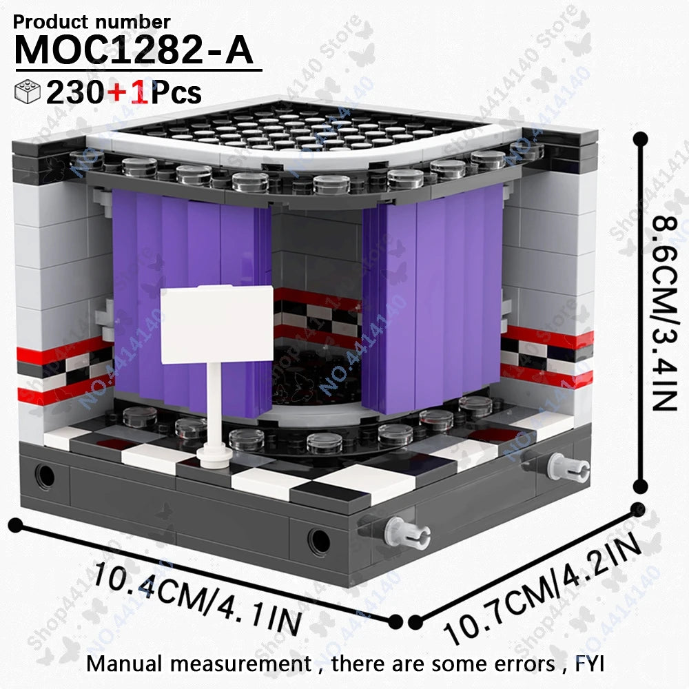 A LEGO building block model of a character head, purple and black, displayed with manual measurements.