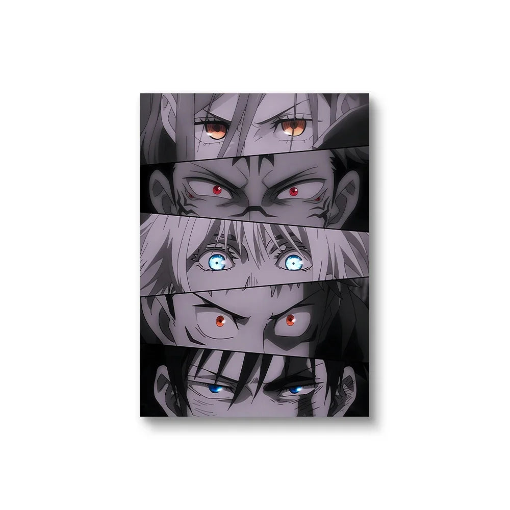 A collage of intense, angry faces from Jujutsu Kaisen characters displayed on a canvas poster.