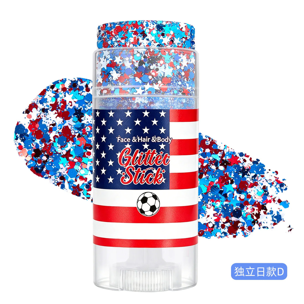 Bâton de paillettes waterproof multi-usage avec motif de drapeau américain et cap argenté.