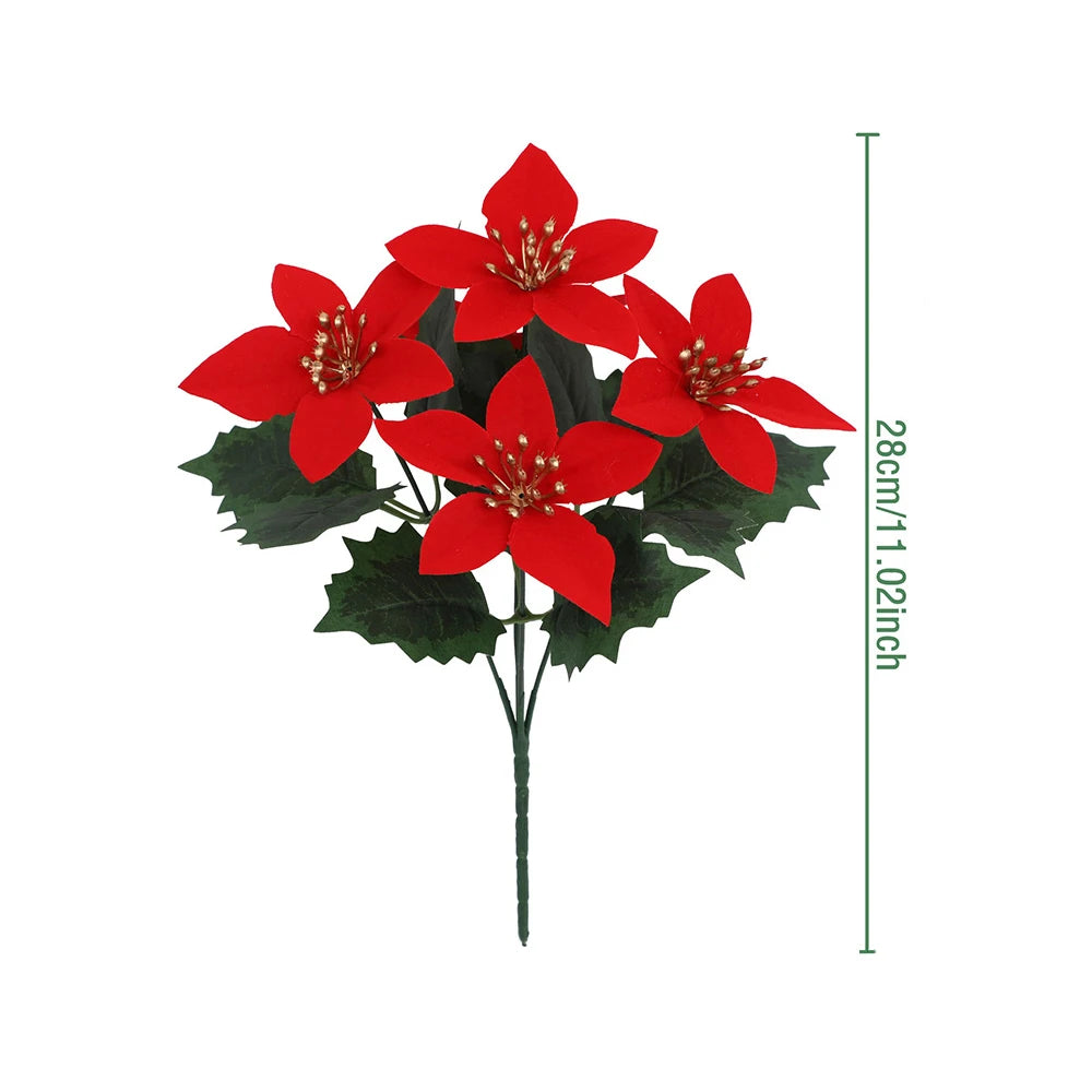 Artificial poinsettia bouquet with red flowers and green leaves on a stem