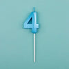 A blue number four candle with a white stick against a light teal background.