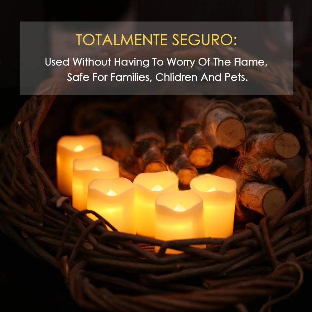 A set of glowing yellow LED tea light candles arranged in a wicker basket.
