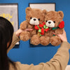 Two brown teddy bears with red roses are held by a person against a blue background.