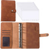 A brown PU leather planner binder with cash envelopes and expense sheets shown alongside a stack of clear sheets.