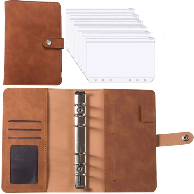 A brown PU leather planner binder with cash envelopes and expense sheets shown alongside a stack of clear sheets.