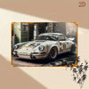 A vintage racing car, painted white and weathered, is displayed in a gritty industrial setting.