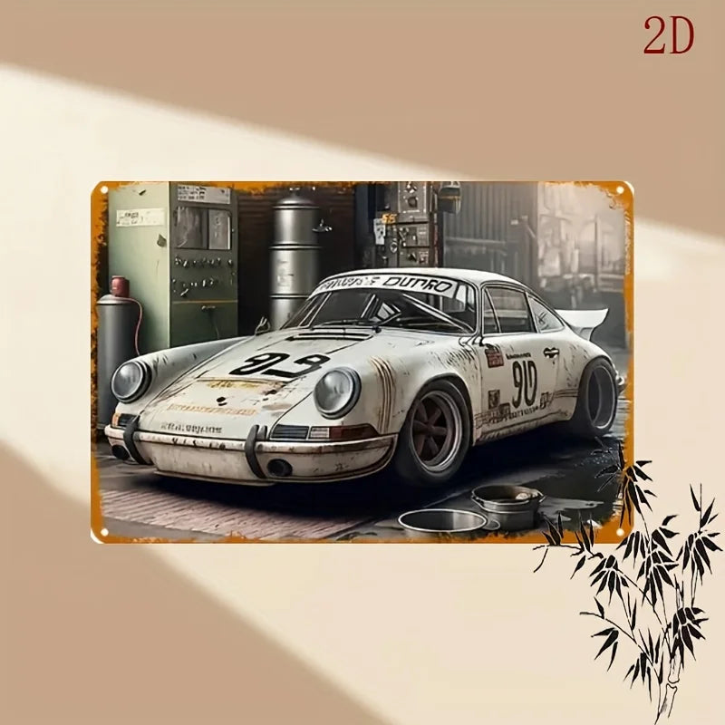 A vintage racing car, painted white and weathered, is displayed in a gritty industrial setting.