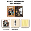 A wooden jigsaw puzzle shaped like a cat is shown with accessories including a reference drawing, double-sided tape, and a tr