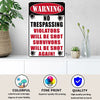 A vintage metal warning sign with a red and black design featuring the text No Trespassing Violators Will Be Shot Survivors W