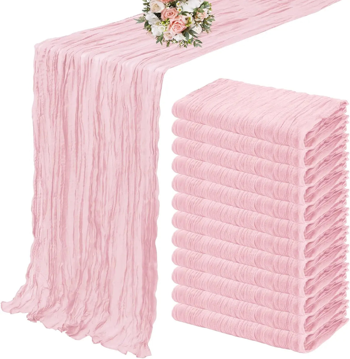 A set of ten terracotta semi-sheer cheesecloth table runners in a dusty pink color.
