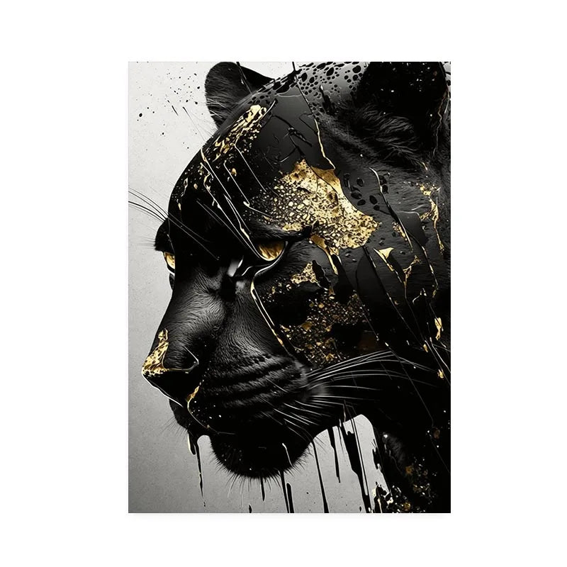 Abstract wall art featuring a black panther head with gold splatter and dripping paint on a gray background.